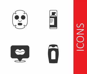 Set Bottle of shampoo, Facial cosmetic mask, Smiling lips and Shaving gel foam icon. Vector