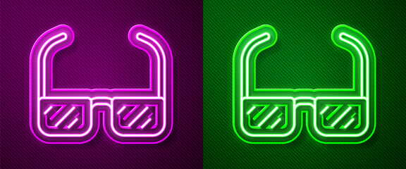 Glowing neon line Safety goggle glasses icon isolated on purple and green background. Vector