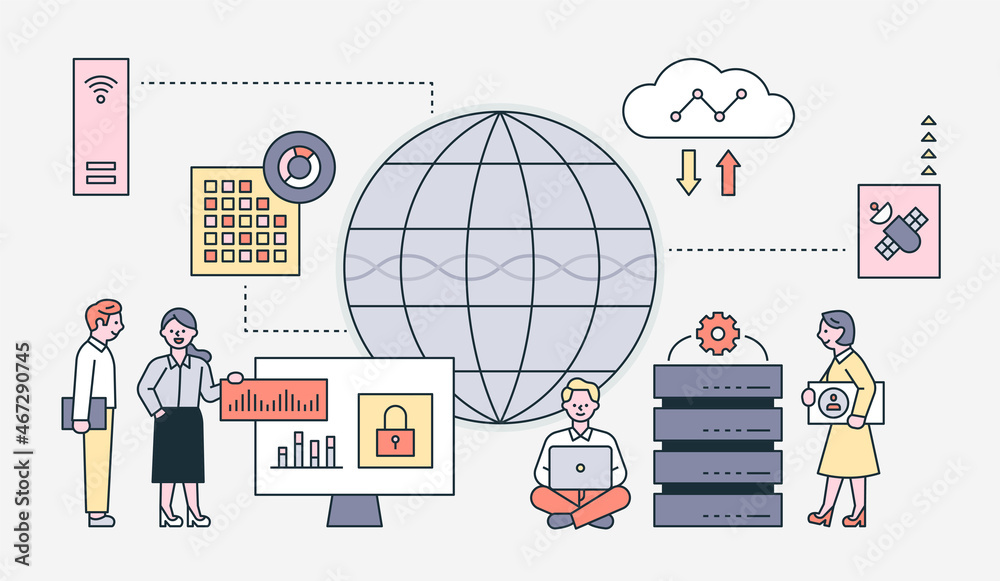 Wall mural business characters are analyzing digital information around a huge globe. flat design style vector 