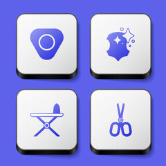 Set Sewing chalk, Leather, Electric iron and ironing board and Scissors icon. White square button. Vector