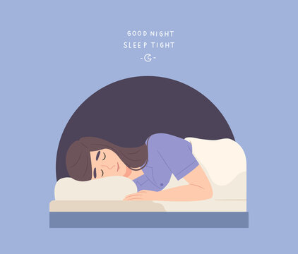 Young female comfy sleeping with "Good Night Sleep Tight" message. Healthy sleeping. Concept of sleep well at night, healthy lifestyle, comfortable relaxation. Flat vector illustration character.