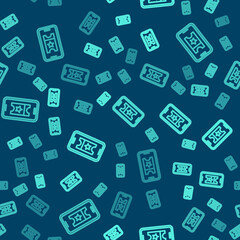 Green line Buy cinema ticket online icon isolated seamless pattern on blue background. Service Concept. Vector