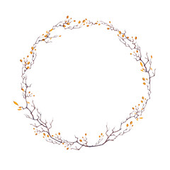 Watercolor autumn Halloween wreath in cartoon style with illustration of branch, autumn leaves, orange hawthorn berries. Natute elements isolated on white background. Round frame.