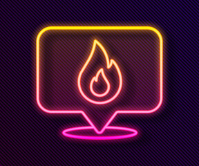 Glowing neon line Map pointer with fire flame icon isolated on black background. Fire nearby. Vector