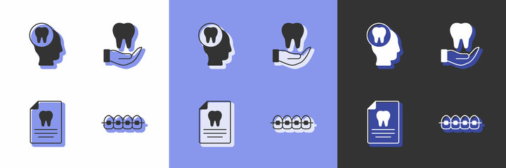 Set Teeth with braces, Toothache, Clipboard dental card and icon. Vector