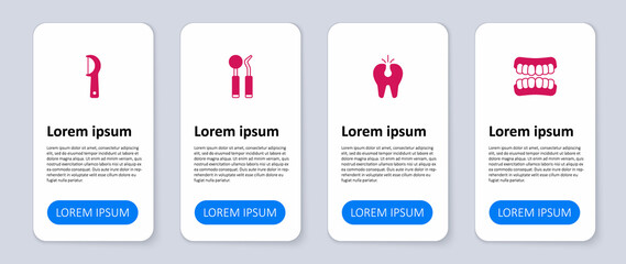 Set Dentures model, Broken tooth, Dental mirror and probe and floss. Business infographic template. Vector