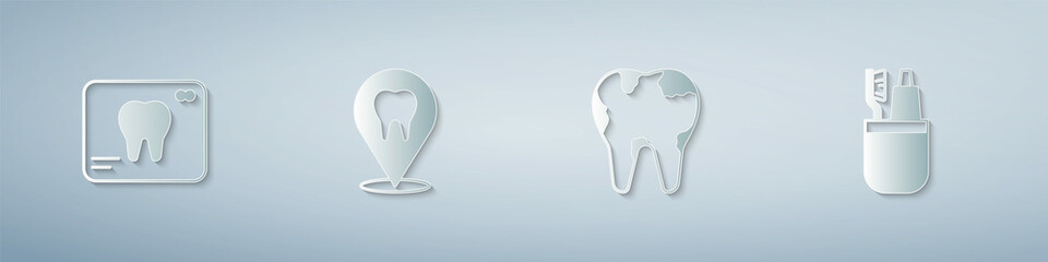 Set X-ray of tooth, Dental clinic location, Broken and Toothbrush and toothpaste. Paper art style. Vector