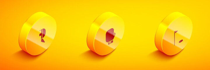 Set Isometric Fencing helmet mask, Boxing glove and Golf flag icon. Vector