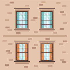 Illustration with framed windows. Exterior walls with windows and curtains. Cartoon architecture for banner or poster design. Vector illustration
