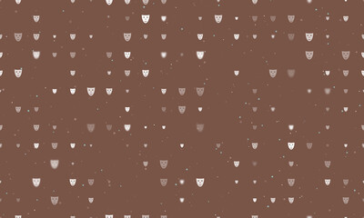 Seamless background pattern of evenly spaced white theatrical masks of different sizes and opacity. Vector illustration on brown background with stars