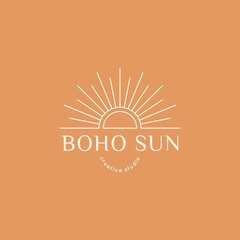 Boho Sun Logo in Minimal Liner Trendy Style. Vector Bohemian Badge for Creative Studio