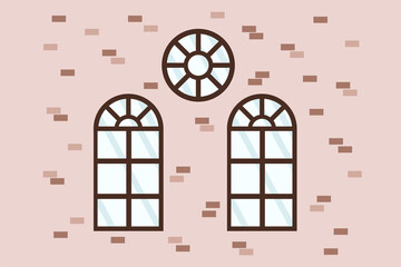Cartoon wall of a house with windows. Illustration of an exterior wall with round and semicircular wooden window frames. Windows of various shapes for banner design. Vector illustration
