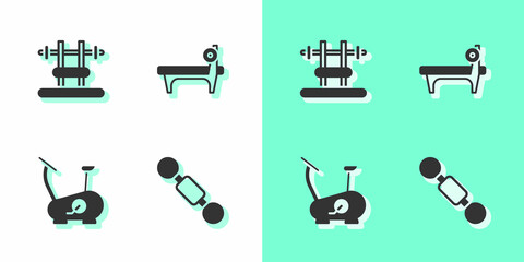 Set Dumbbell, Bench with barbel, Stationary bicycle and icon. Vector