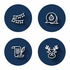 Set line Carnival garland with flags, Christmas ball, Envelope and Reindeer with long shadow. Blue circle button. Vector