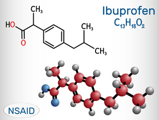 Ibuprofen molecule, is a nonsteroidal anti-inflammatory drug NSAID drug. Structural chemical formula and molecule model