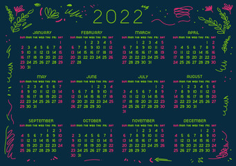 Vector isolated calendar 2022 on dark board. Colored month and days. Sunday to monday.