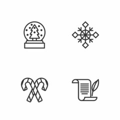 Set line Envelope, Candy cane with stripes, Christmas snow globe and Snowflake icon. Vector