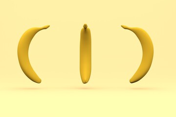 3D illustration of three bananas on a yellow isolated background. Graphic picture of yellow fruit models. Yellow bananas, isometric models. Close-up