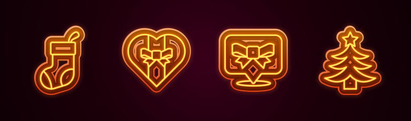 Set line Christmas stocking, Gift box, bow and tree. Glowing neon icon. Vector