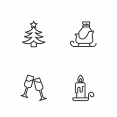 Set line Burning candle, Glass of champagne, Christmas tree and santa claus sleigh icon. Vector