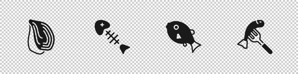 Set Mussel, Fish skeleton, Tropical fish and Served plate icon. Vector