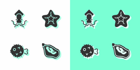 Set Mussel, Octopus, Fish hedgehog and Starfish icon. Vector
