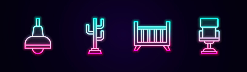 Set line Lamp hanging, Coat stand, Baby crib cradle bed and Office chair. Glowing neon icon. Vector