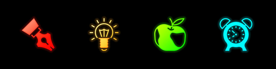 Set Fountain pen nib, Light bulb, Apple and Alarm clock icon. Vector