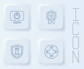 Fototapeta premium Set line Power button, Game rating with medal, Chess shield and controller or joystick. White square button. Vector