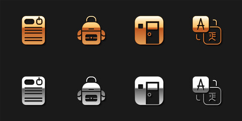 Set Dossier folder, School backpack, classroom and Translator icon. Vector