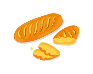 Loaf of white bread, sliced slices set. Fresh bread. Vector cartoon illustration of food white isolated background