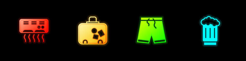 Set Air conditioner, Suitcase, Swimming trunks and Wooden beer mug icon. Vector