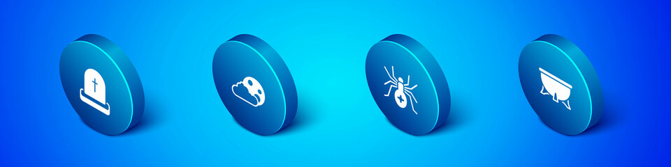 Set Isometric Tombstone with RIP written, Spider, Halloween witch cauldron and Moon and stars icon. Vector