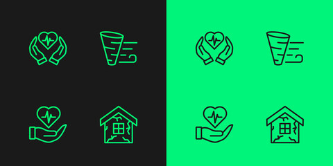 Set line House, Life insurance in hand, and Tornado icon. Vector
