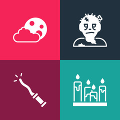 Set pop art Burning candle, Magic wand, Zombie mask and Moon stars icon. Vector