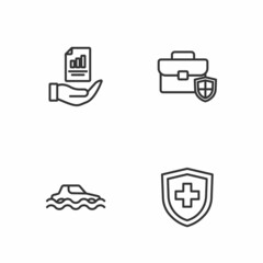 Set line Life insurance with shield, Flood car, Contract hand and Briefcase icon. Vector