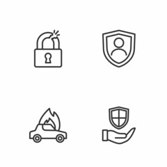 Set line Shield in hand, Burning car, Broken or cracked lock and Life insurance with shield icon. Vector