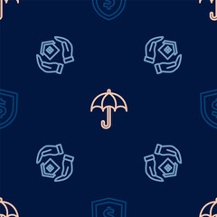 Set line Shield with dollar, House in hand and Umbrella on seamless pattern. Vector