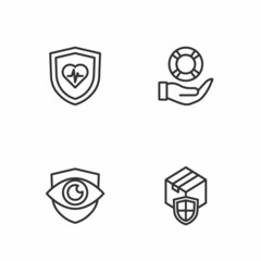 Set line Delivery security with shield, Shield and eye, Life insurance and Lifebuoy hand icon. Vector