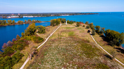 An aerial view shows part of the nature trail at Blue Heron Lagoon on Belle Isle Park in Detroit,...