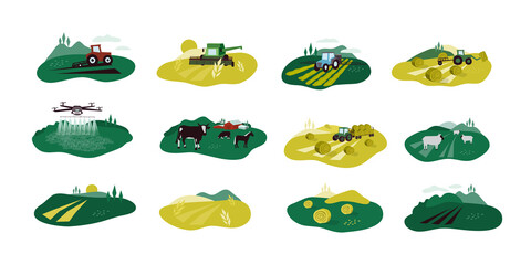 Agriculture isolated illustrations. Icons of tractor, farm animals, combine harvester, drone. Vector set of agricultural industry scenes. Farming field, livestock, cultivated land, harvest, hayfield - obrazy, fototapety, plakaty