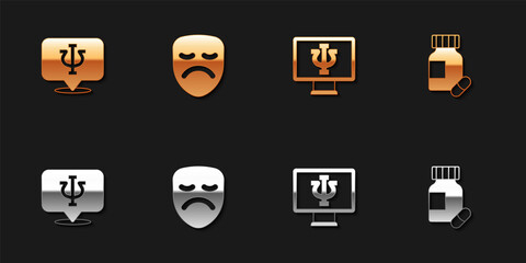Set Psychology, Psi, Drama theatrical mask, Psychologist online and Sedative pills icon. Vector