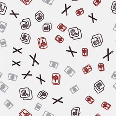 Set line Crossed billiard cues, Bingo, Game dice and Mahjong pieces on seamless pattern. Vector
