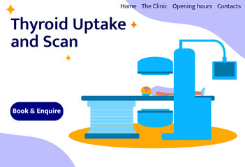 A patient is undergoing a thyroid scan (scintigraphy, SPECT). Vector  flat  illustration and template. 