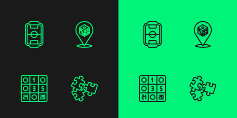 Set line Puzzle pieces toy, Bingo card, Table football and Game dice icon. Vector