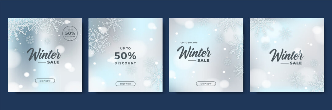 Winter christmas sale post square social media template. Winter sale banner with trees, ribbon, snowflakes and text. design of flyers with discount offers and special seasonal retail promotion.