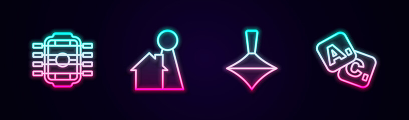 Set line Table football, Chip for board game, Whirligig toy and Bingo. Glowing neon icon. Vector
