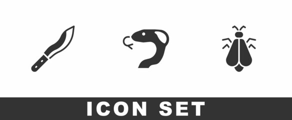 Set Machete, Snake and Mosquito icon. Vector
