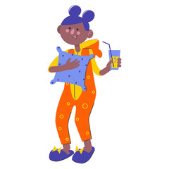 A girl at a pajama party. Pillow fights. Flat characters celebrating holiday. Children having fun at pajama. Vector illustration