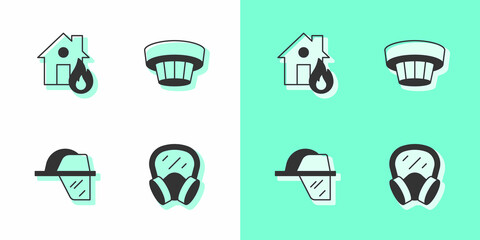 Set Gas mask, Fire in burning house, Firefighter helmet and Smoke alarm system icon. Vector
